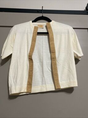 Vintage 50’s Kerrybrooke Cream Short-Sleeve Open Cardigan with Tan Trim